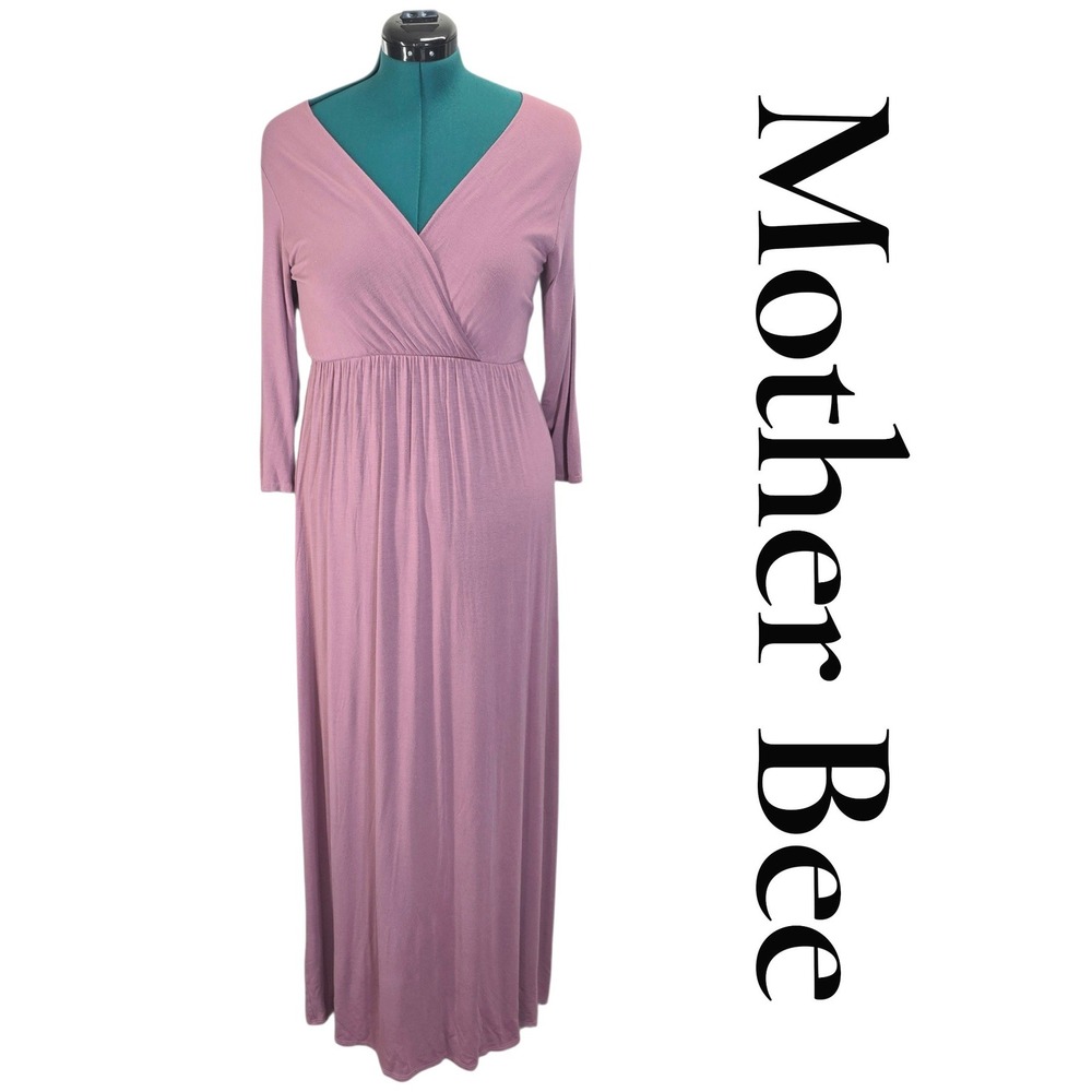Mother Bee Maternity Dress Womens L Mauve Rayon Maxi Surplice V-Neck Baby Shower